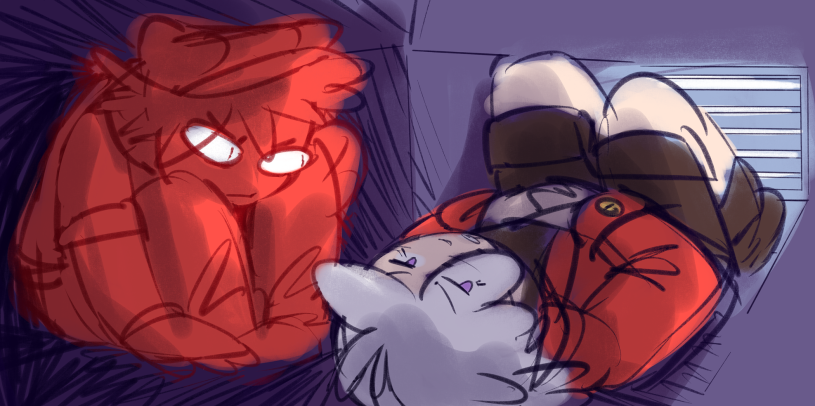 Brush's awesome drawing of Crimson and Dani huddling next to each other in the dark vents.